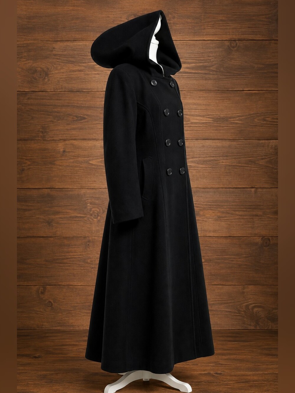 Anne Klein Black Hooded Double-Breasted 100% Wool Long Coat Women Size 16 - Picture 8 of 16